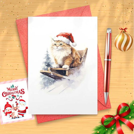 Sledding Cat Christmas Card Set Barred Rock on Sled w/ Santa Hat Funny Cute Holiday [01605]