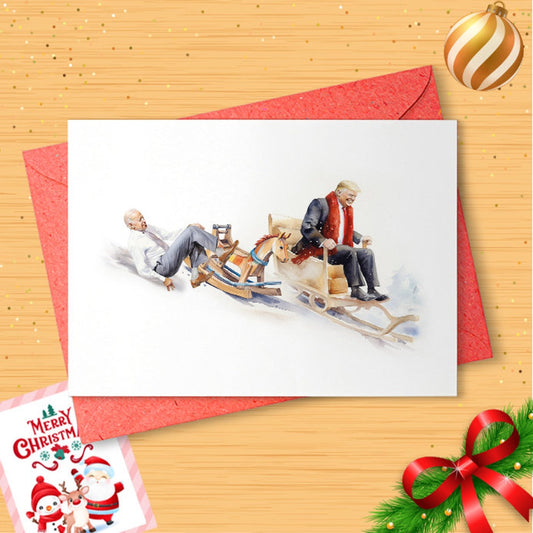 Funny Trump and Biden Sledding Christmas Card Set Barred Rock on Sled Funny Cute Holiday [01614]