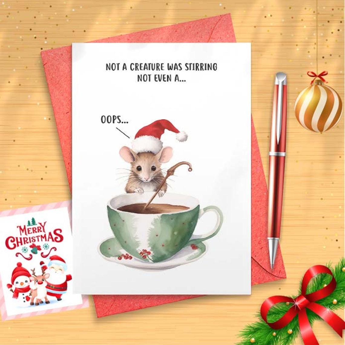 Not a Creature Was Stirring Christmas Greeting Card, Twas the Night Before Christmas Card, Funny Christmas Card, Christmas Mouse [01629]