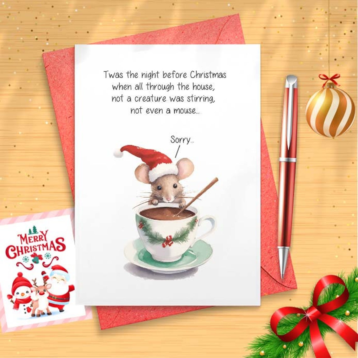 Twas the night before Christmas card, Funny mouse greeting card, Cute animal Christmas card [01656]