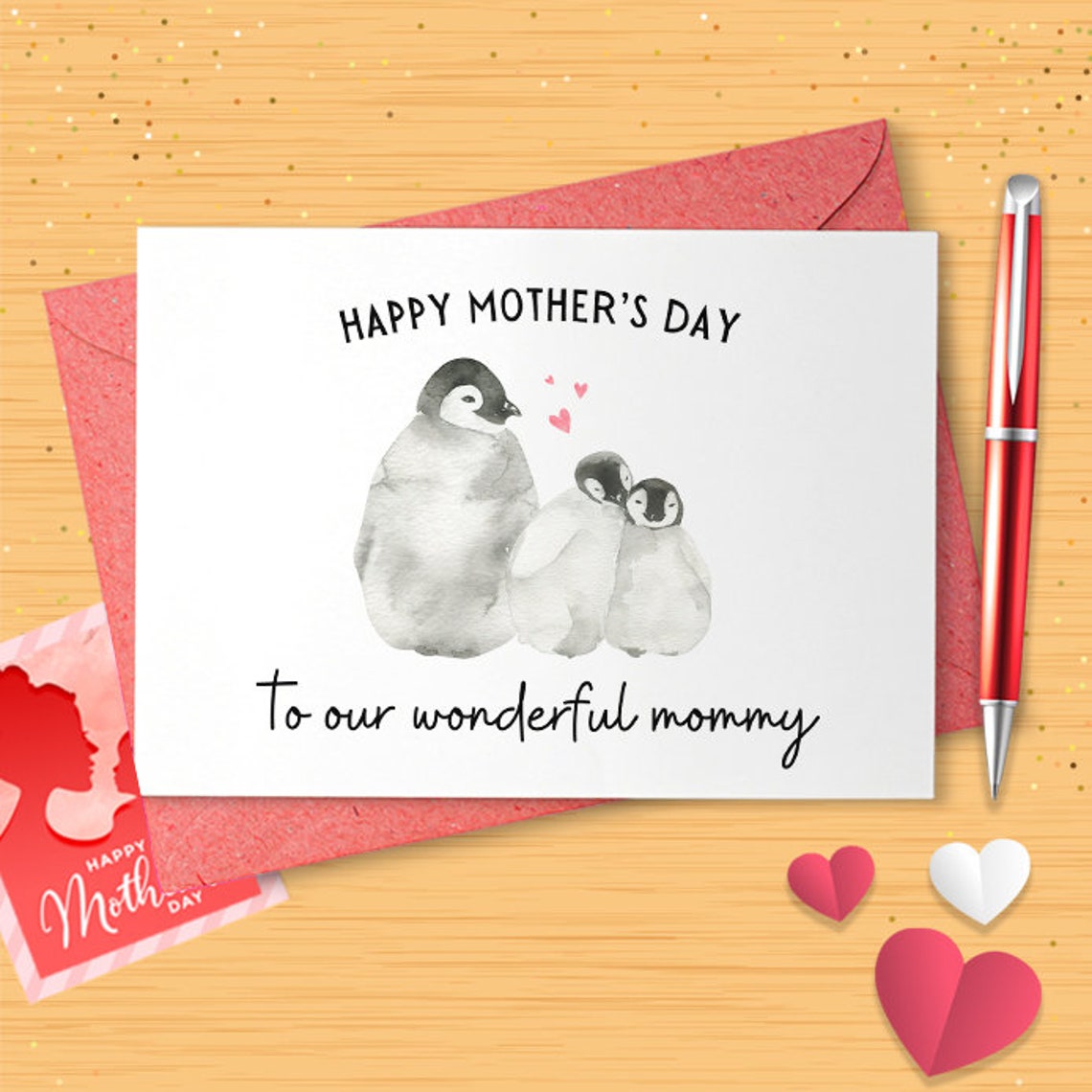 Penguin Two Babies Mother's Day Card | For A Special Mommy, Mommy, Mama | Mom, Mom, Mam | Twins, Children, 2 Kids [03009]