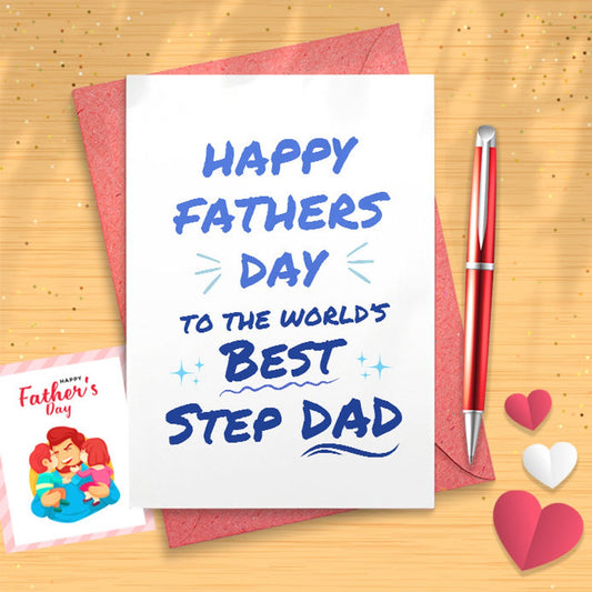 Happy Fathers Day To The World’s Best Step Dad – Premium A5 Step Father Congratulations Card – Blank Interior With Cute [03206]