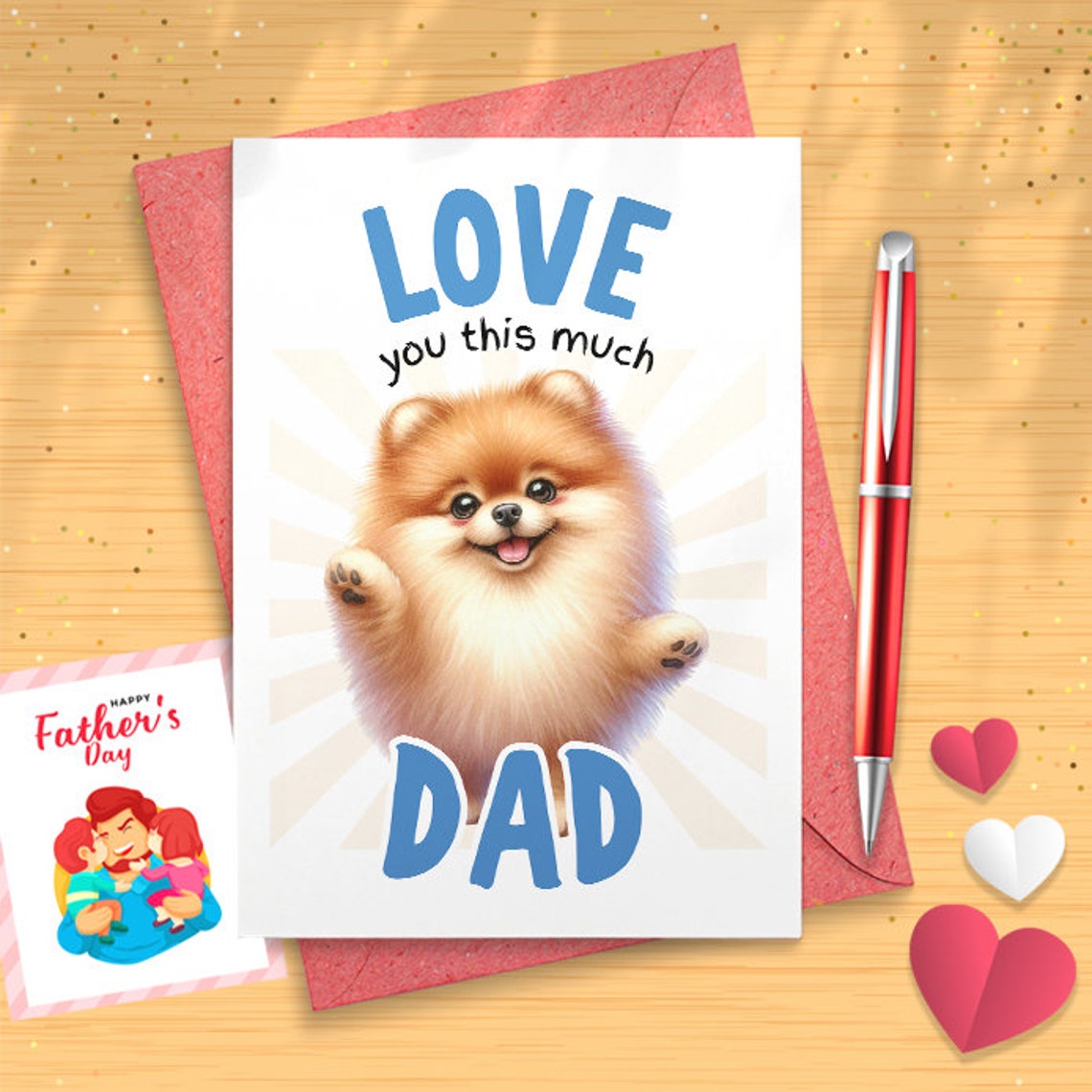 Father's Day Paper Card With 5 X 7 Inch Envelope For Dad, Pa, Pop, Daddy, Stepfather (1 Card) Pup Love You This Much [03207]