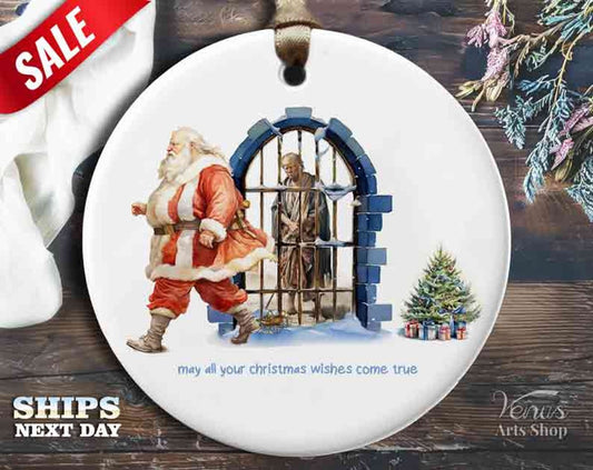 Funny Trump Jail Ornament, 3-inch | Vintage Santa with Trump | Perfect Political Gag Gift, Liberal Xmas Decor, Unique Holiday [O6]