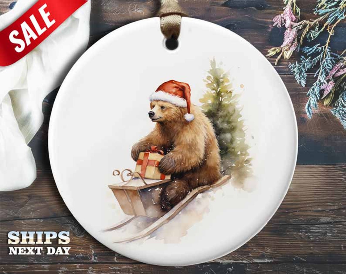 Funny Animal Sledding Ornament, 3-inch | Winter Holiday Decor | Perfect Christmas Gag Gift, Cute and Unique Ornament, Bear Sledding [O11]