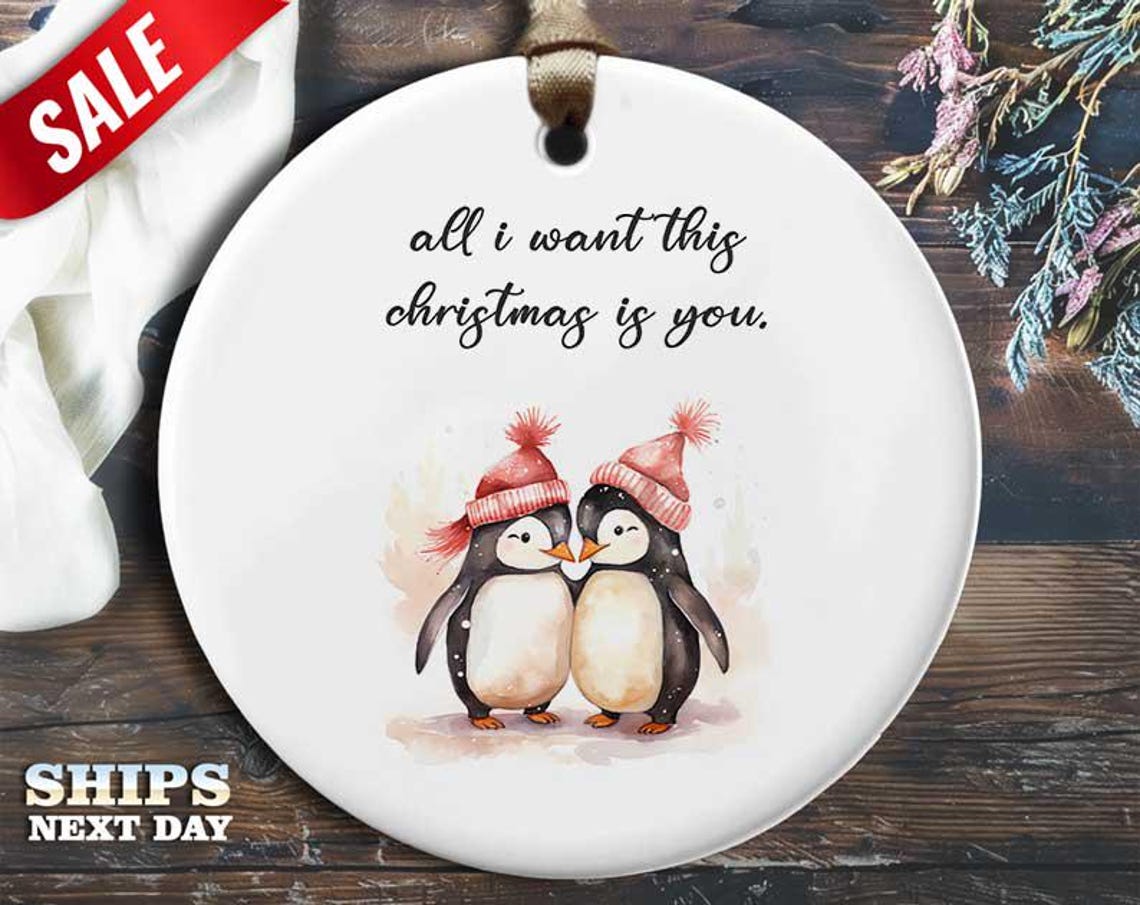 Funny Christmas Penguins Ornament - 'All I Want This Christmas Is You' - Humorous Animal Decoration, Unique Holiday Gift [O57]