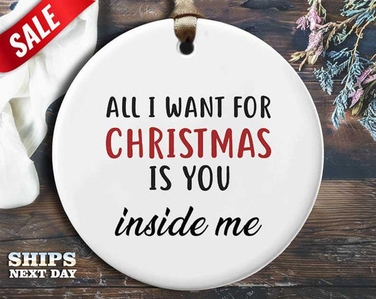 Funny Wet Christmas Ornament - 'All I want for Christmas is you inside me' - Humorous Naughty Holiday Gift, Unique Christmas Decoration [O245]