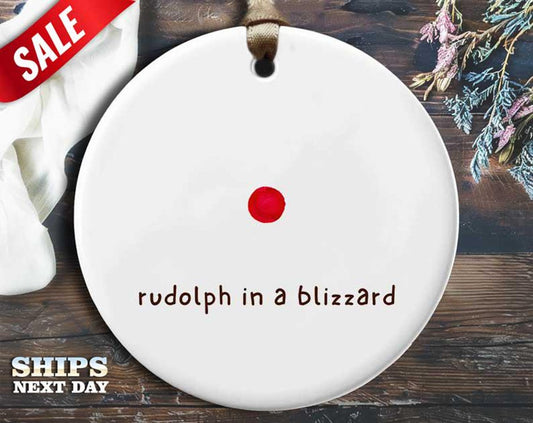 Funny Rudolph Christmas Ornament - 'Rudolph in a blizzard' - Humorous Holiday Gift, Unique Christmas Tree Decoration [O213]