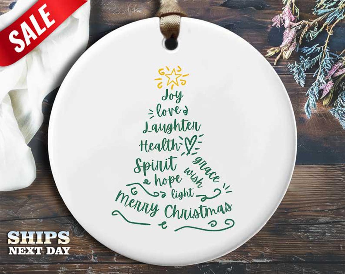 Funny Xmas Tree Text Christmas Ornament - 'Joy, love, and laughter, health...' - Humorous Holiday Gift, Unique Christmas Decoration [O303]