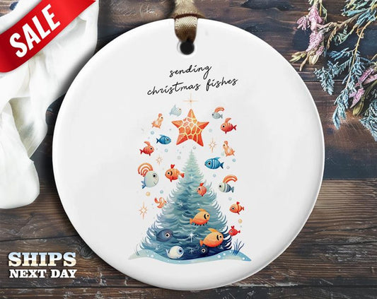 Funny Xmas Fishes Christmas Ornament - 'Sending Christmas fishes.' - Humorous Animal Holiday Gift, Unique Christmas Tree Decoration [O293]