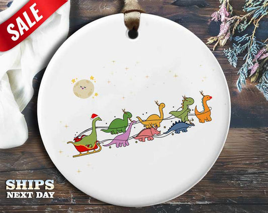 Funny Dinosaur Sleigh Christmas Ornament - Humorous Animal Decoration, Unique Holiday Gift [O53]