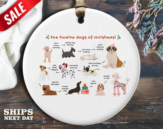 Funny 12 Dogs Christmas Ornament - 'The Twelve Dogs of Christmas' - Humorous Animal Holiday Gift, Unique Christmas Tree Decoration [O133]