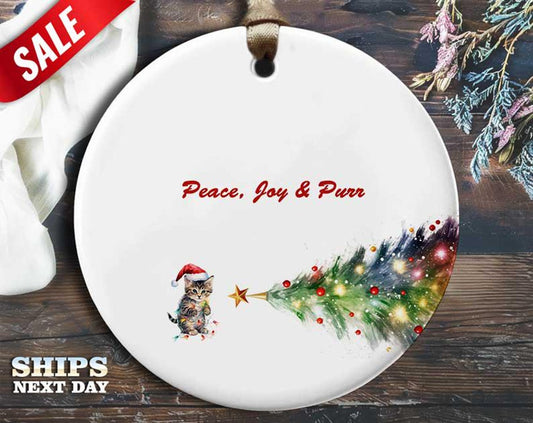 Funny Cat Lights Christmas Ornament - 'Peace, joy, & purr' - Humorous Animal Holiday Gift, Unique Christmas Tree Decoration [O169]