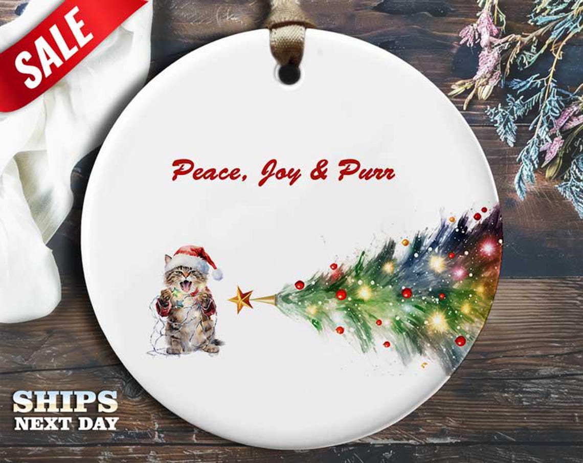 Funny Cat Christmas Ornament - 'Peace, joy, & purr' - Humorous Animal Holiday Gift, Unique Christmas Tree Decoration [O215]