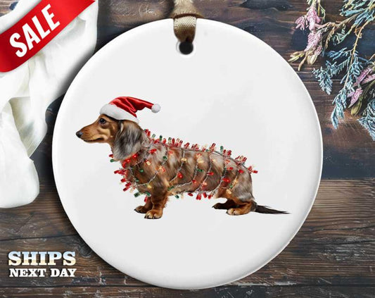 Funny Dachshund Christmas Ornament - Dachshund Wearing Santa Hat and Christmas Lights - Humorous Animal Holiday Gift [O327]