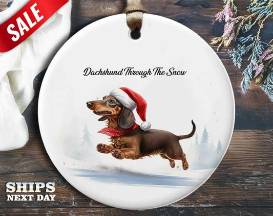 Funny Dachshund Christmas Ornament - 'Dachshund Through the Snow' - Humorous Animal Holiday Gift, Unique Christmas Tree Decoration [O145]