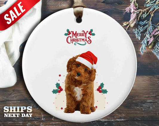 Funny Cavapoo Christmas Ornament - Brown Cavapoo Wearing Santa Hat - Humorous Animal Holiday Gift, Unique Christmas Tree Decoration [O235]