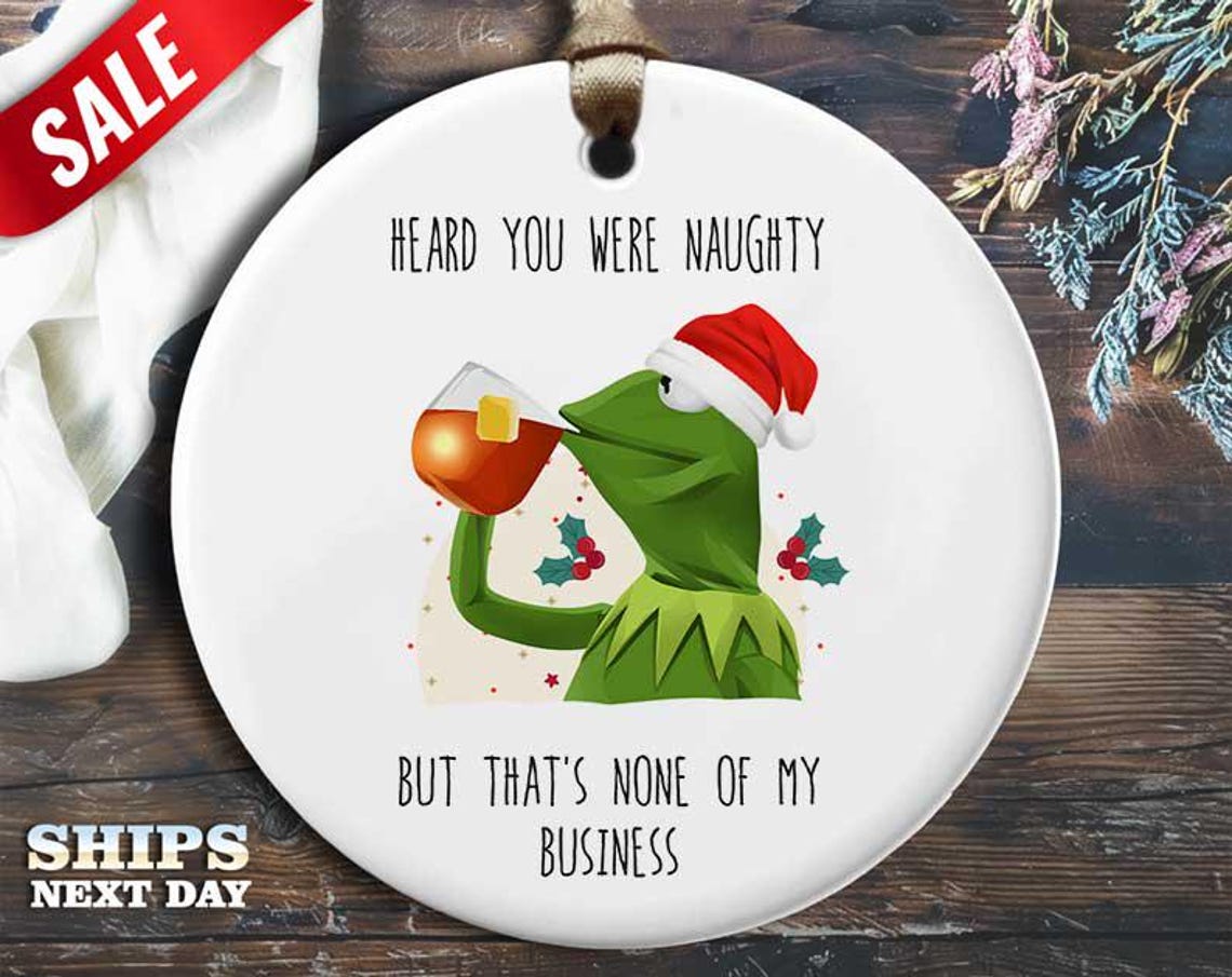 Funny Christmas Ornament - Kermit Drinking Tea - Humorous Holiday Gift, Unique Christmas Tree Decoration [O281]