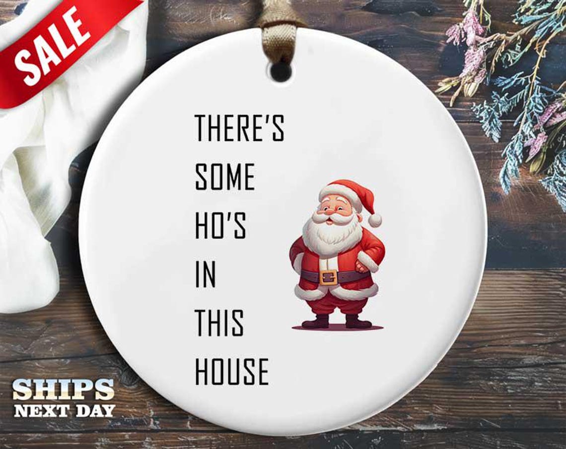 Funny Santa Christmas Ornament - 'There's some ho's in this house' - Humorous Naughty Holiday Gift, Unique Christmas Tree Decoration [O252]