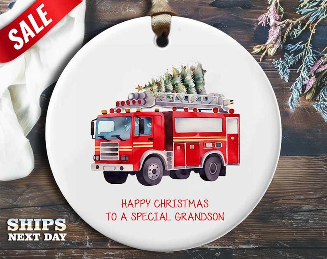 Funny Firetruck Christmas Ornament - 'Happy Christmas to a special grandson' - Humorous Holiday Gift, Unique Christmas Tree Decoration [O191]