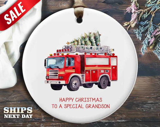 Funny Firetruck Christmas Ornament - 'Happy Christmas to a special grandson' - Humorous Holiday Gift, Unique Christmas Tree Decoration [O191]