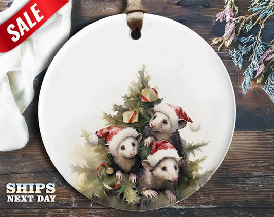 Funny Opossum Christmas Ornament - 3 Opossums in Christmas Tree - Humorous Animal Holiday Gift, Unique Christmas Tree Decoration [O175]