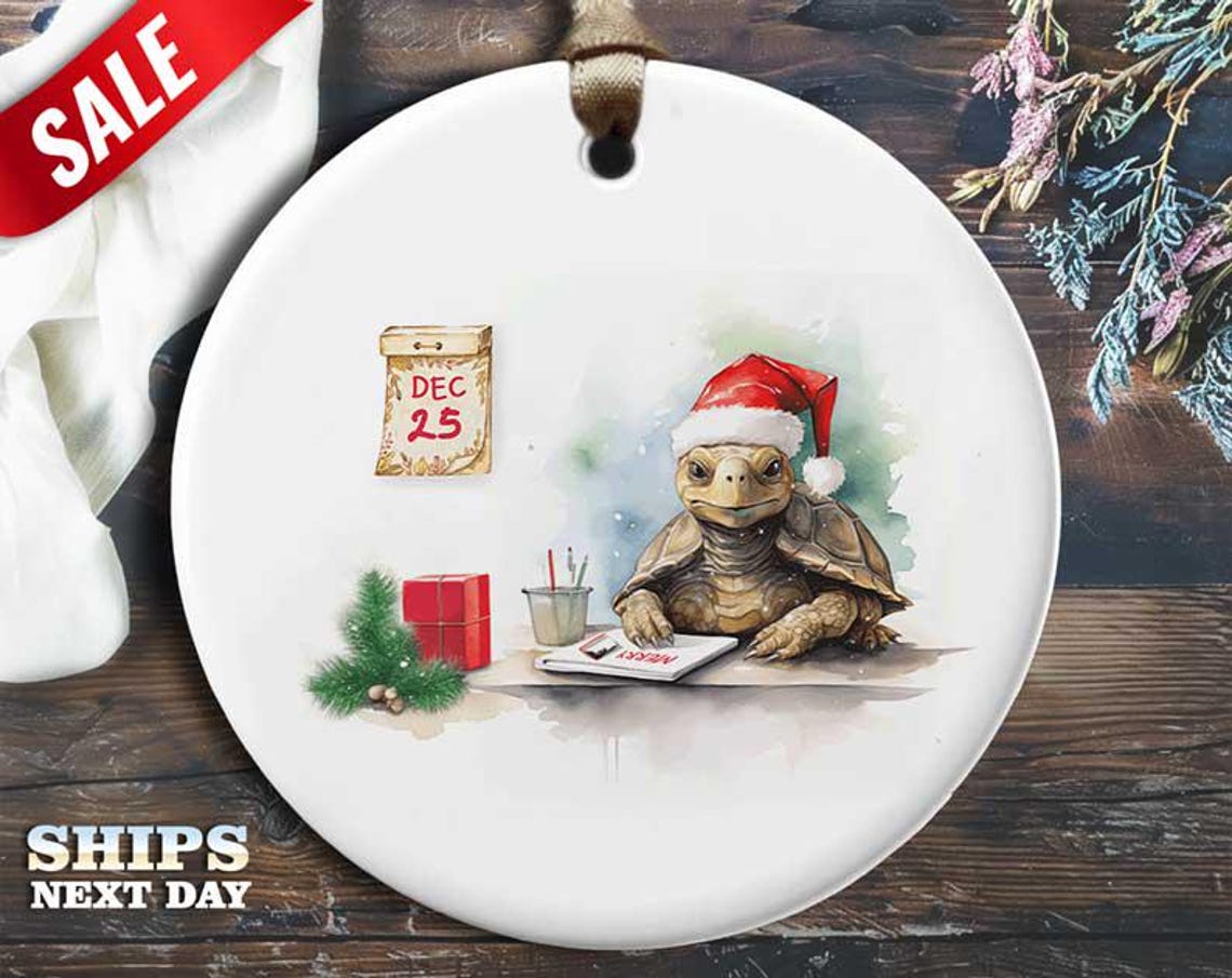 Funny Turtle Xmas Christmas Ornament - Turtle Wearing Santa Hat Working on December 25 - Humorous Animal Holiday Gift, Unique Christmas [O329]