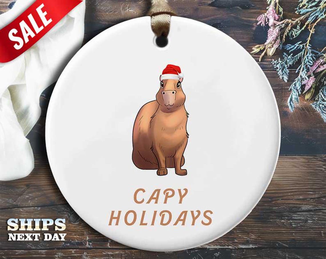 Funny Capy Holidays Christmas Ornament - Capybara Wearing Santa Hat - Humorous Holiday Gift, Unique Christmas Tree Decoration [O284]