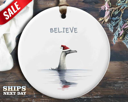 Funny Nessie Christmas Ornament - 'Believe' - Humorous Animal Holiday Gift, Unique Christmas Tree Decoration [O158]