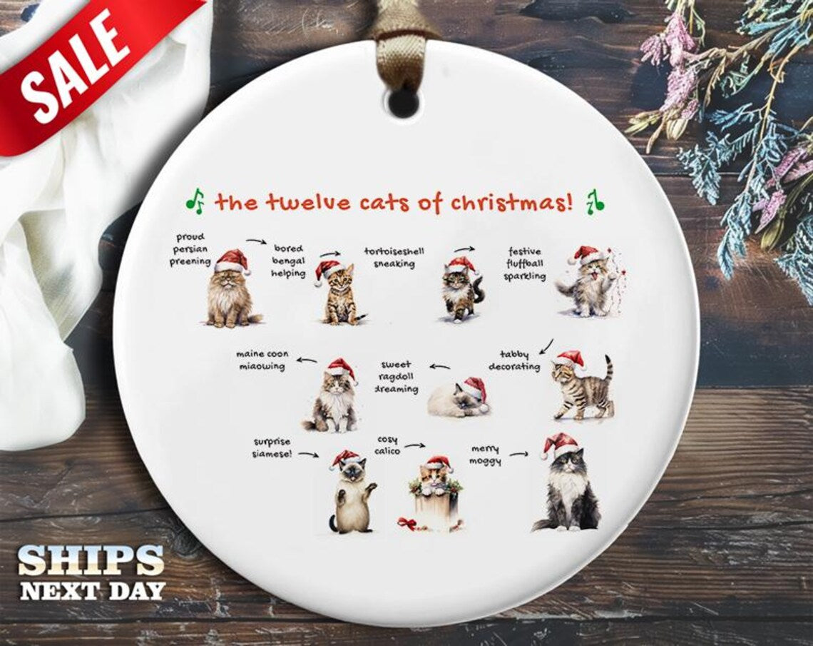 Funny Cats of Xmas Christmas Ornament - 'The twelve cats of Christmas.' - Humorous Animal Holiday Gift, Unique Christmas Decoration [O305]