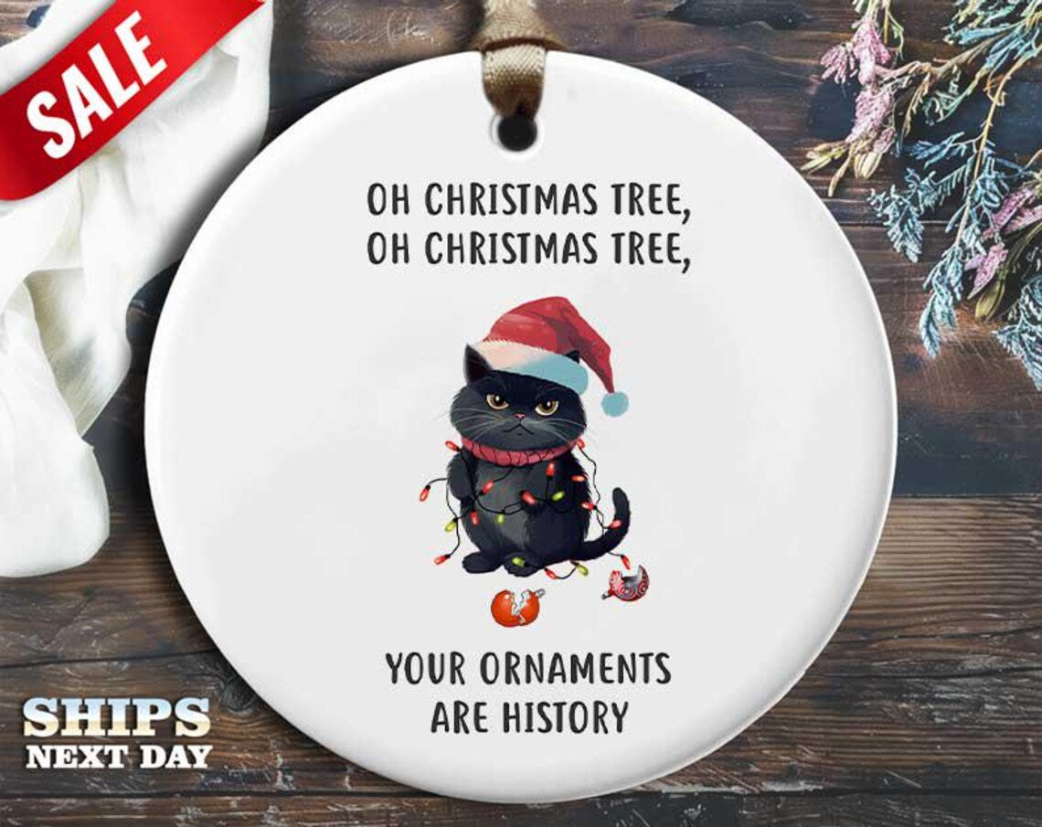 Funny Cat Christmas Ornament - 'Oh Christmas Tree, Your Ornaments Are History' - Humorous Animal Holiday Gift, Unique Christmas [O122]