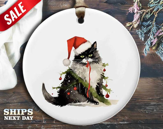 Funny Cat Christmas Ornament - Cat Wrapped in Christmas Decorations - Humorous Animal Holiday Gift, Unique Christmas Tree Decoration [O221]