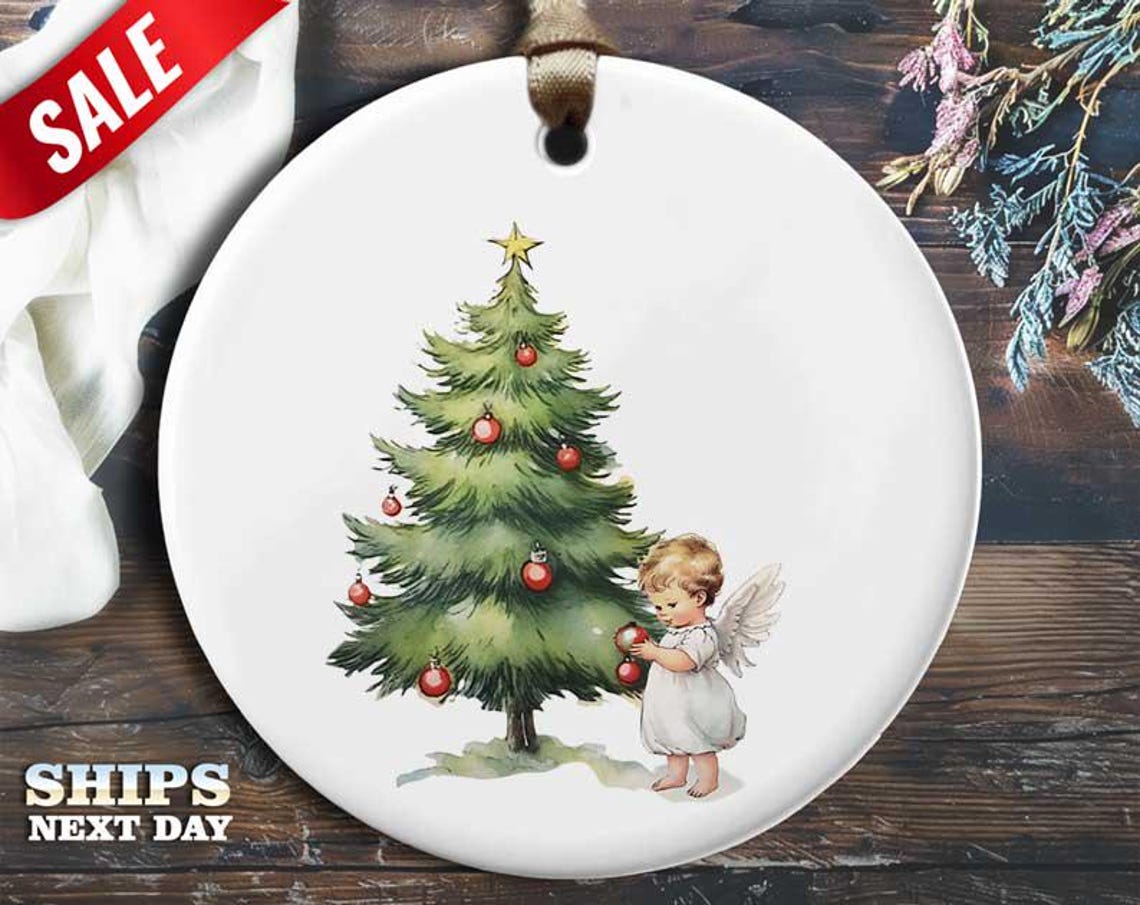 Funny Angel Christmas Ornament - Baby Angel with Ornament Under Christmas Tree - Humorous Religious Holiday Gift, Unique Christmas [O197]