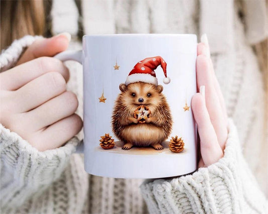 Hedgehog Christmas Mug - handmade Mug of hedgehog with mince pies - animal gift [MG47]