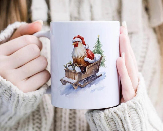 Sledding Chicken Christmas Mug Barred Rock Hen on Sled w/ Santa Hat Funny Cute Holiday [MG95]