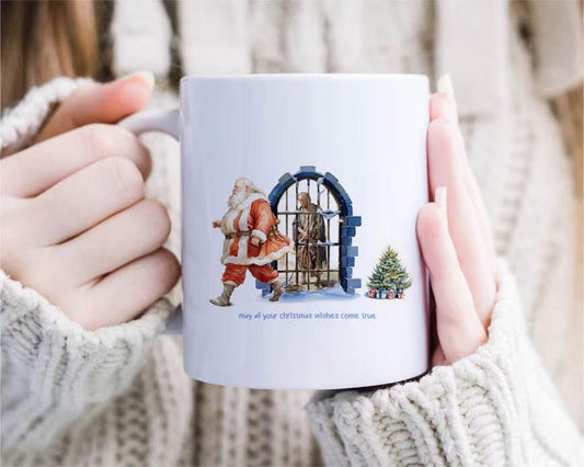 Funny Political Christmas Mug, Vintage Santa With Trump, May All Your Christmas Wishes Come True, Lefty, Liberal, Progressive Jail [MG180]