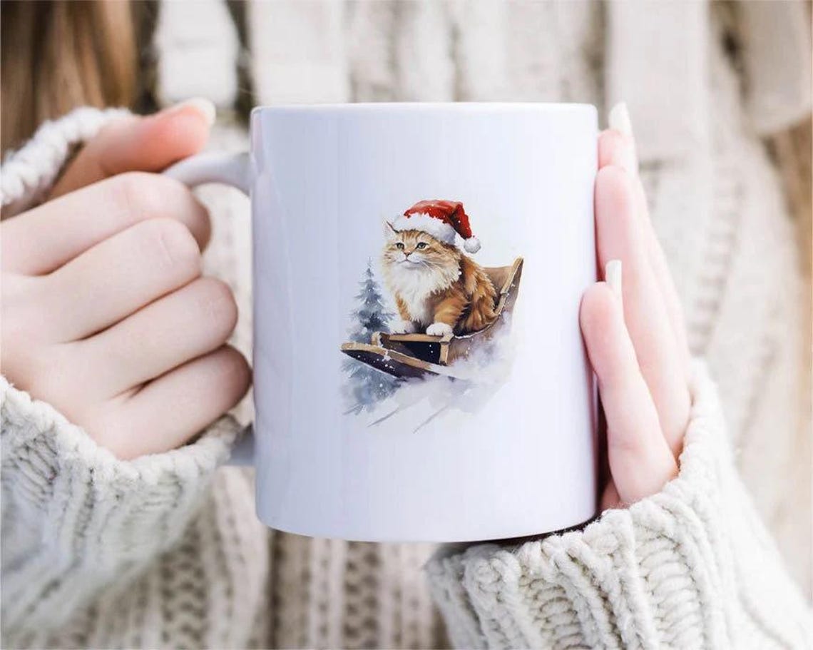 Sledding Cat Christmas Mug Set Barred Rock On Sled W/ Santa Hat Funny Cute Holiday [MG218]