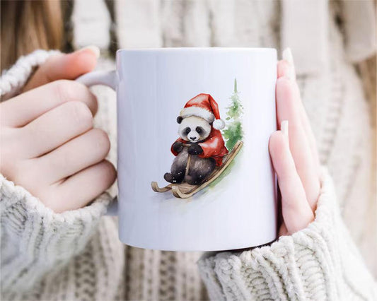 Sledding Panda Christmas Mug Set Barred Rock On Sled W/ Santa Hat Funny Cute Holiday [MG219]