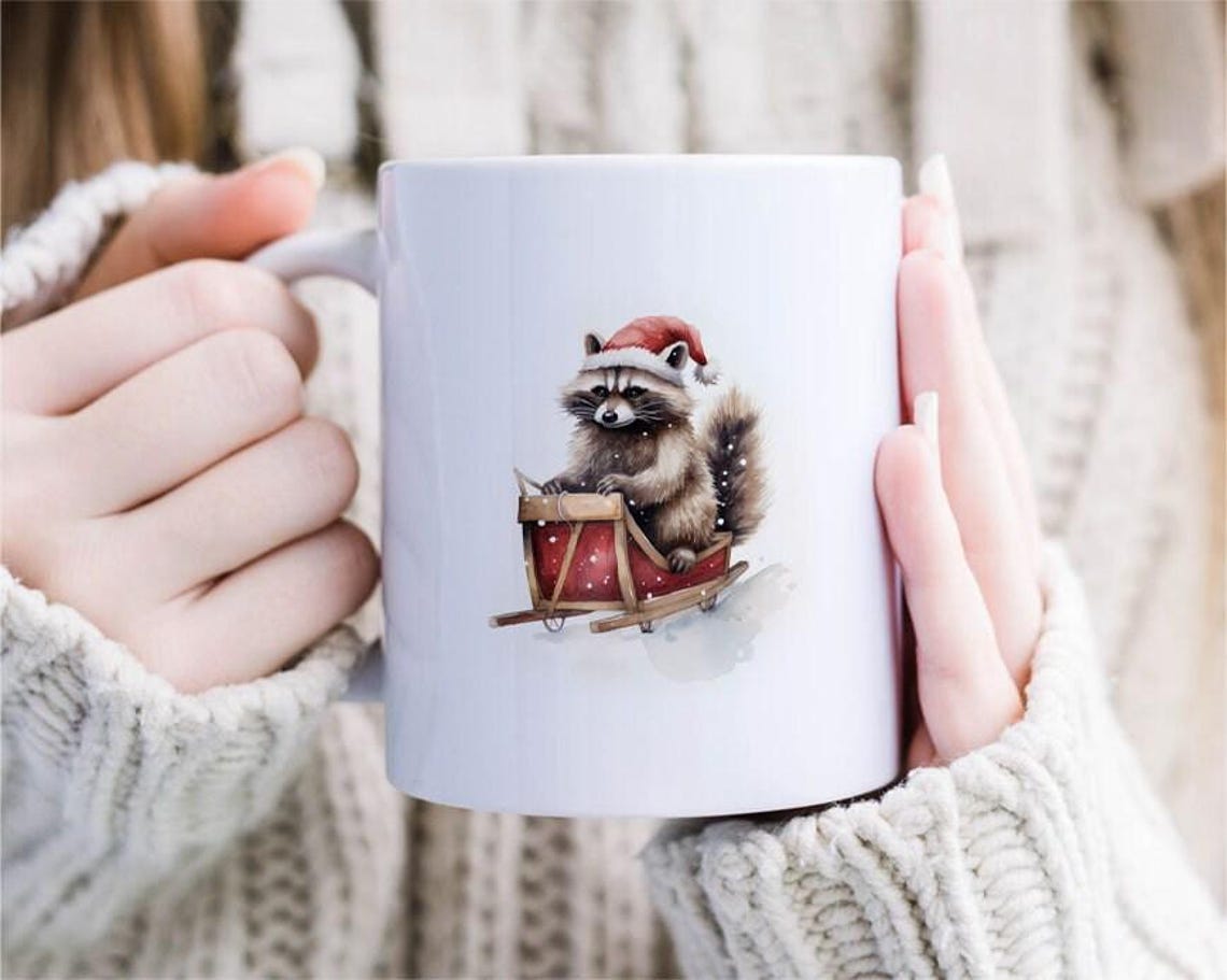 Sledding Racoon Christmas Mug Set Barred Rock Trash Panda On Sled W/ Santa Hat Funny Cute Holiday [MG216]