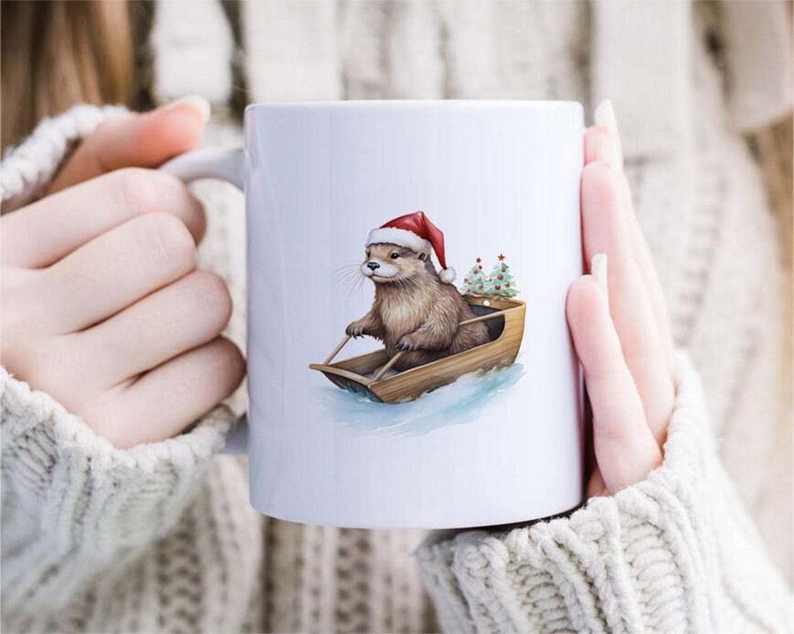 Sledding Otter Christmas Mug Set Barred Rock On Sled W/ Santa Hat Funny Cute Holiday [MG220]