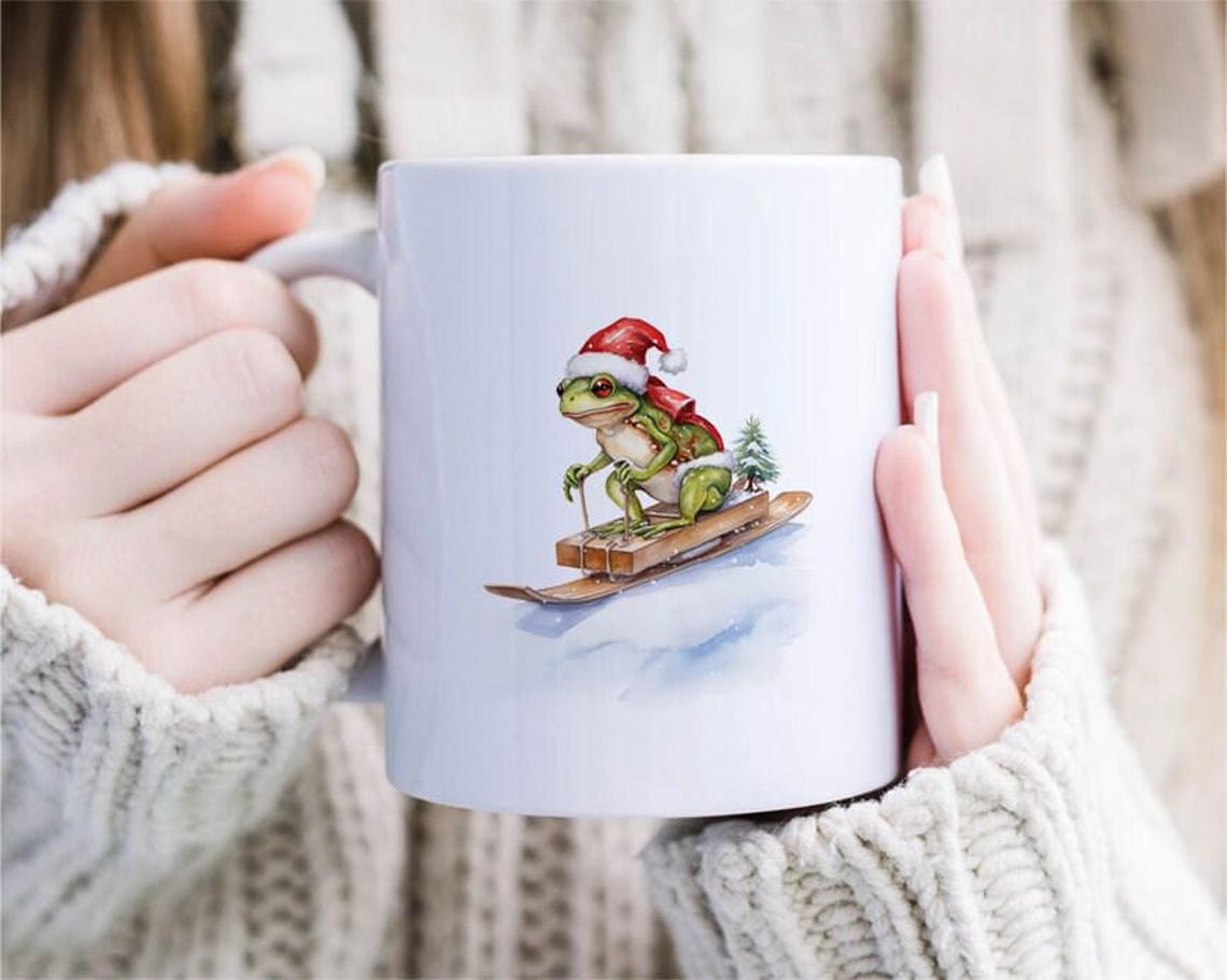 Sledding Frog Christmas Mug Set Barred Rock On Sled W/ Santa Hat Funny Cute Holiday [MG223]