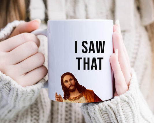 Funny Jesus Mug - Christmas Mug, Jesus Meme Coffee Mug - Funny Jesus I saw Jesus Peeking Coffee Cup, Funny Gift for Christian [MG14]