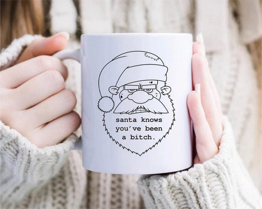 funny christmas mug for her / santa knows you've been a bitch / adult christmas mug / santa mug / gift basket / holiday mug [MG41]