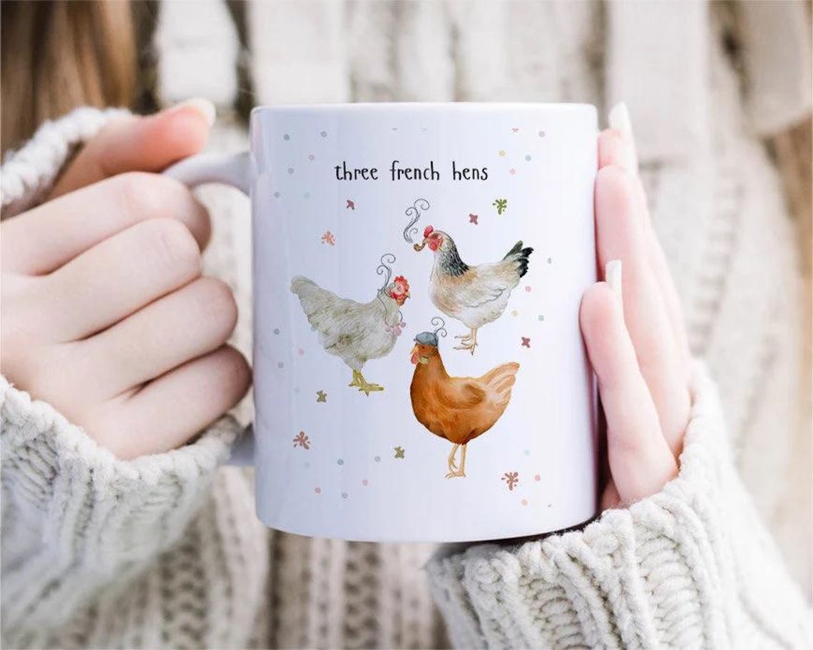 Three French Hens, Chicken Mug, Funny Chickens Mug, Funny Christmas Mug, Chickens, Countryside Gift, Festive Mug, Holiday Mug [MG64]