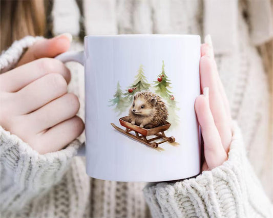 Sledding Hedgehog Christmas Mug Set Barred Rock On Sled W/ Santa Hat Funny Cute Holiday [MG224]