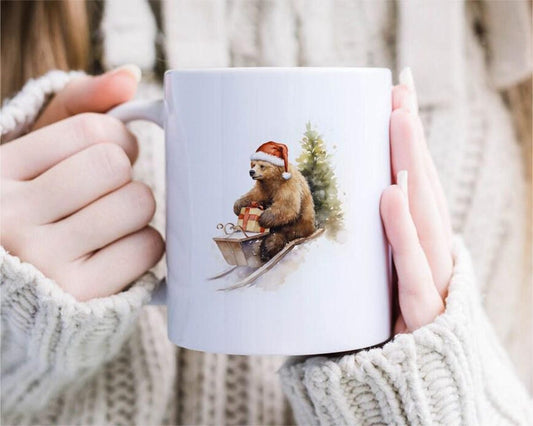 Sledding Brown Bear Christmas Mug Set Barred Rock On Sled W/ Santa Hat Funny Cute Holiday [MG217]