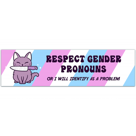 Respect Pronouns Vinyl Sticker, Trans, Gender Fluid & Non-Binary Pride, Cute Cat Meme, Waterproof Bumper Flask Sticker with Trans Flag [00089]